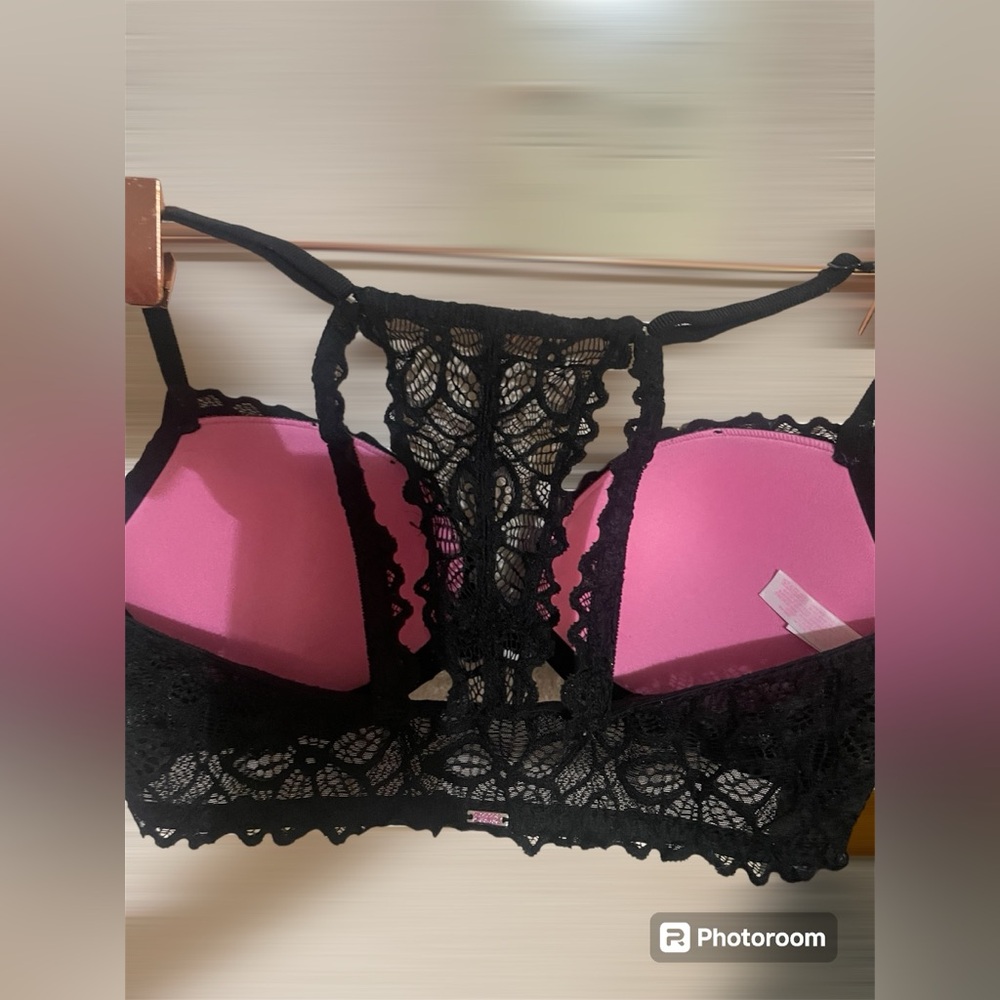 Victoria’s Secret black lace bra, push-up, 34D, back has a beautiful lace design